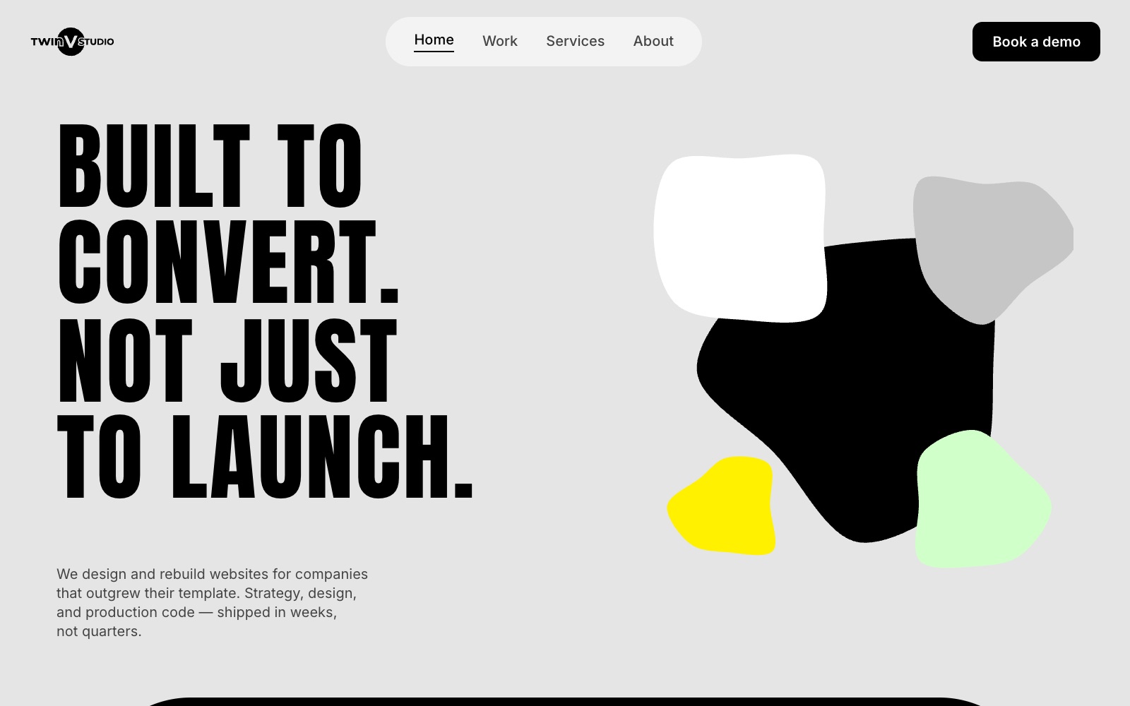 Twin V Studio landing page, showing the hero with morphing SVG blobs